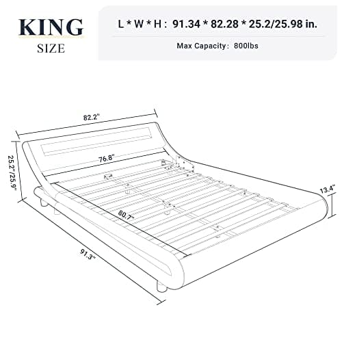 Allewie King Size LED Platform Bed with Adjustable Headboard & Faux Leather