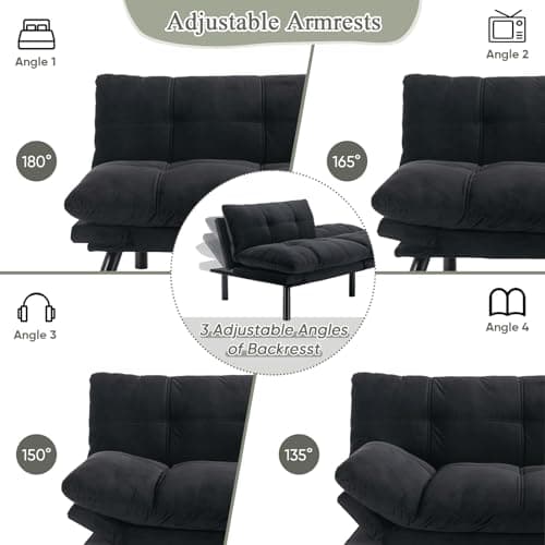 Thick Cushioned 72" L Velvet Futon Couch Bed, Deep Black Reclining Sofa