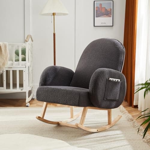 Rubber Wood Leg Rocking Chair with Side Pocket for Living Room, Bedroom, Nursery