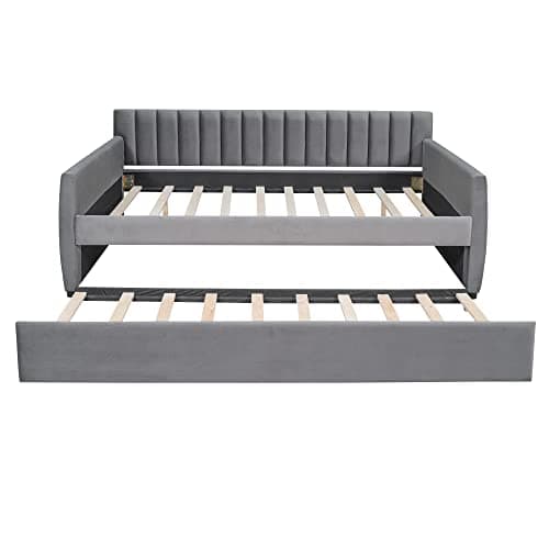 Upholstered Daybed with Trundle and Wood Slat Support, Gray