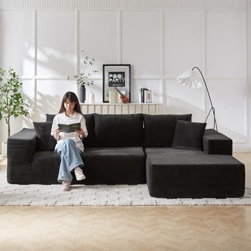 3 Seater Grey L Shaped Modular Sofa with Chaise & 5 Pillows for Living Room