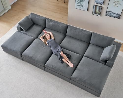 Oversized 5 Seat Grey Linen U Shaped Chaise Sectional Sofa