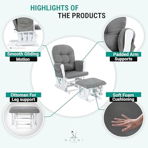 Nursery Glider & Ottoman Set, Reclining Rocker with Padded Arms - White, Dark Gray