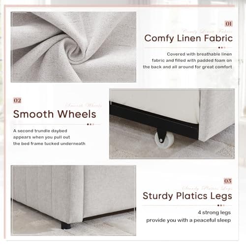 Modern Linen Fabric Upholstered Daybed with Trundle for Bedroom, Living Room, Guest Room