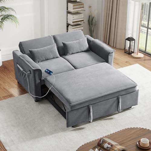 Antetek 3-in-1 Pull-Out Sofa Bed with Velvet Chaise Lounge, USB Charging, Orange