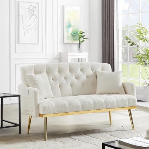 Modern Small Upholstered Loveseat Sofa with Side Pocket and Golden Metal Legs, Cream White Teddy