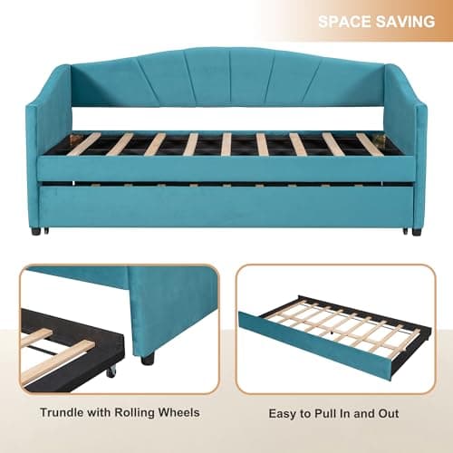 Blue Velvet Upholstered Daybed with Trundle and Backrest