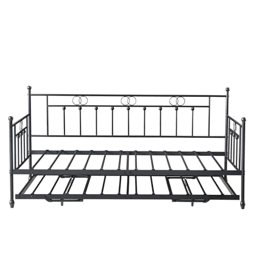 Height Adjustable Twin Daybed with Trundle, Black Pull-Out Sofa Bed for Living & Guest Rooms