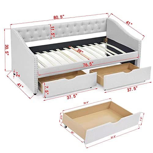Modern Linen Upholstered Daybed with Drawers - Twin Size, Beige