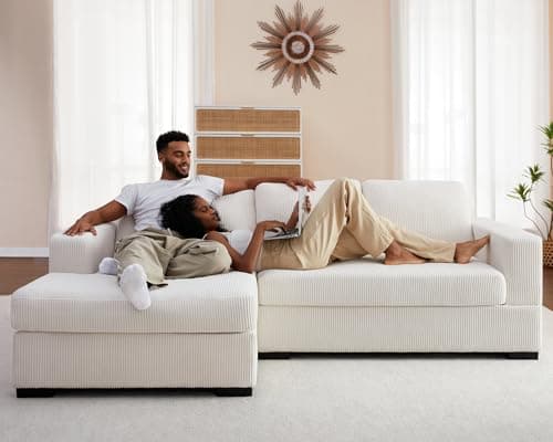 AMERLIFE 96 Inch Oversized Sectional Sofa, White Corduroy Chaise Couch
