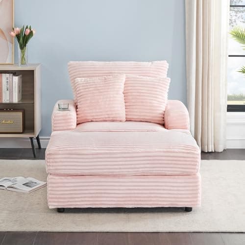 Modern Pink Corduroy Chaise Lounge Chair with Cup Holder