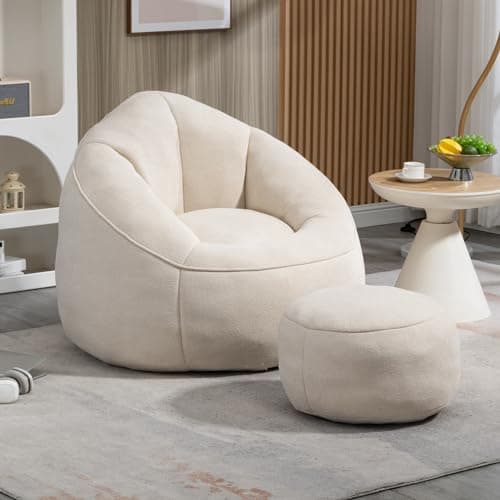Modern Bean Bag Chair with Ottoman, Comfy Sofa Chair with High Pressure Foam - Beige