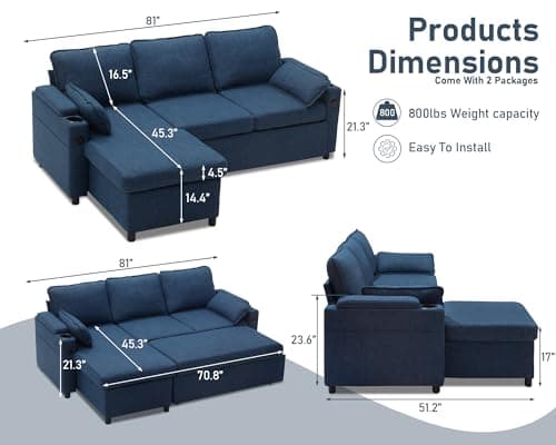 Blue Sectional Sleeper Sofa Bed with Storage, USB, and Cup Holders for Apartment Living Room