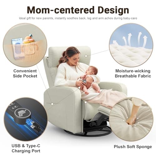 Ivory Power Recliner Glider Chair with USB Ports & Head Support