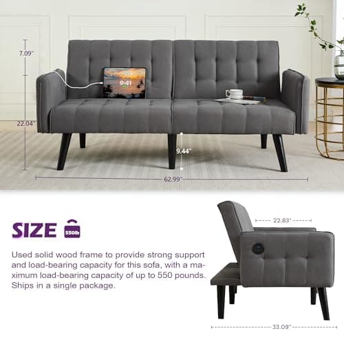 TYBOATLE 65" Convertible Futon Sofa Bed, Grey