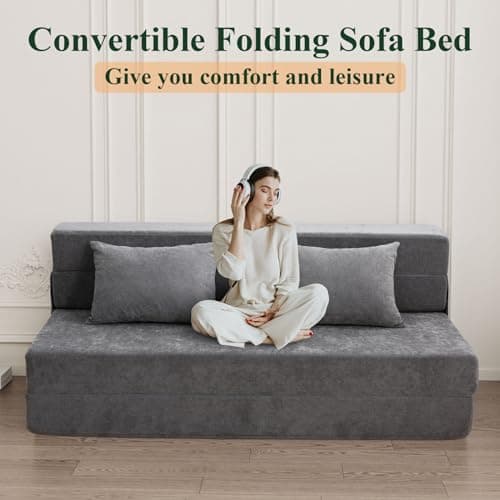 HOMFINE Folding Sofa Bed - Convertible Sleeper Chair, Grey Queen