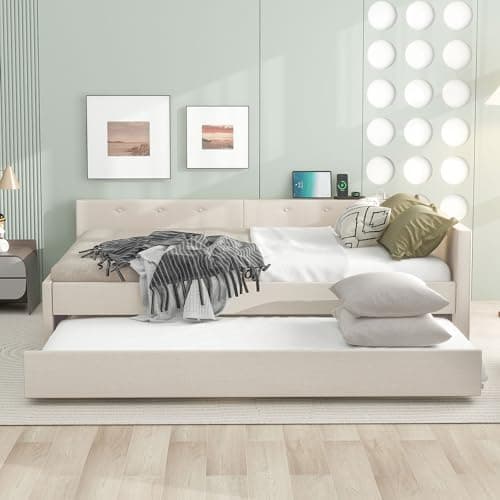 Modern Queen Upholstered Bed with Built-in USB, Beige Trundle Included