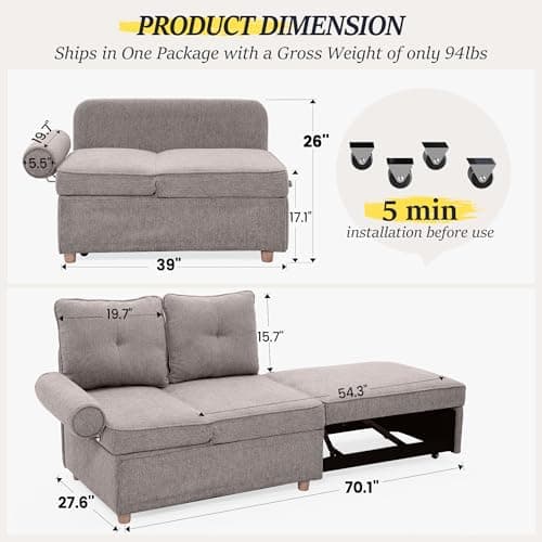 4-in-1 Sleeper Sofa Bed Linen Fabric Couch with 2 Throw Pillows & Single Recliner