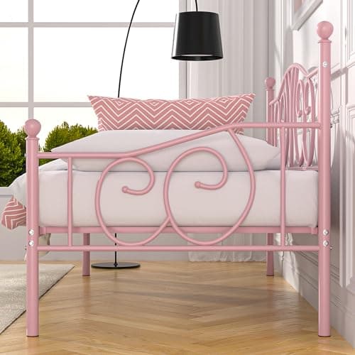 VECELO Pink Twin Multifunctional Metal Daybed Mattress Frame