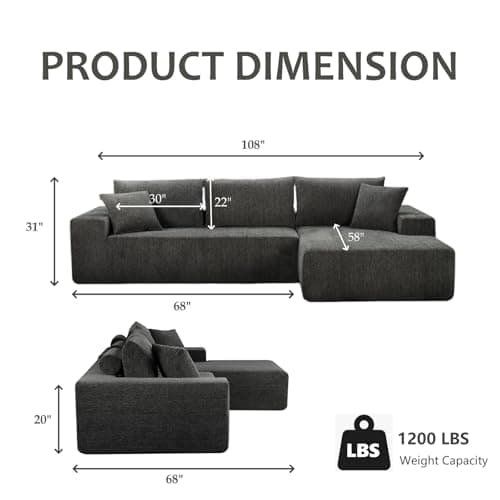 108" Dark Gray Modern Minimalist Chenille Sectional with L-Shape Chaiseeci:.Products:Living Room Sofa
