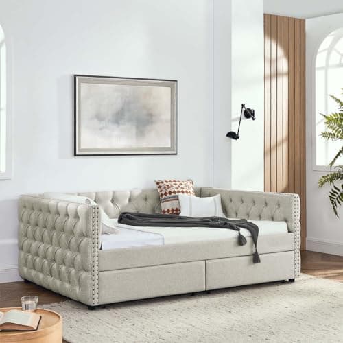 Antetek Upholstered Daybed with Drawers, Button Tufted Sofa Bed Frame, Beige