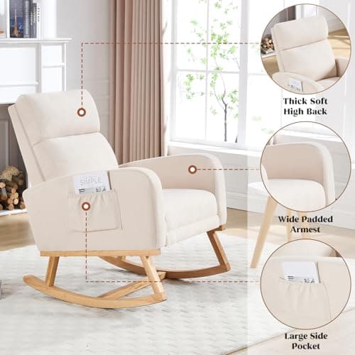 Nursing Rocking Chair with Footrest and High Backrest, Beige