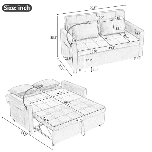 Merax 3-in-1 Convertible Couch with USB Ports, Brown | Sleeper Sofa Bed, Living Room Futon