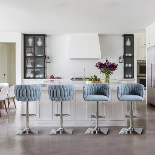 Antetek Modern Swivel Bar Stool Set, Adjustable Height, Woven Back, Silver Base, Blue Teddy