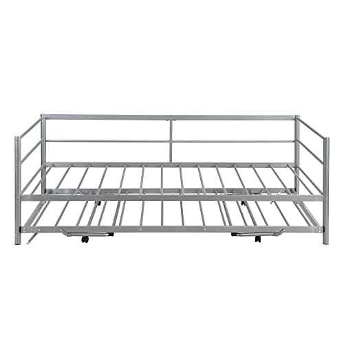 Merax Twin Size Adjustable Metal Daybed with Pop Up Trundle, Steel Slats Support, Silver