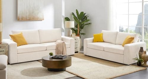 ELUCHANG 85" Natural Linen 3 Seater Deep Seat Sofa, Comfy for Small Spaces