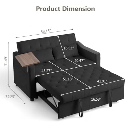 3-in-1 Loveseat Sleeper with 360° Rotating Table, Black