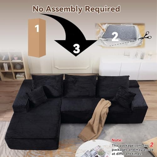 107" Modular Left Chaise Sectional Sofa, Modern Cloud Cushion, Black, No Assembly Required