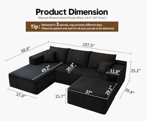 107.5" Cloud Modular Sectional with Ottoman, Black Left Facing Chaise (No Assembly Required)