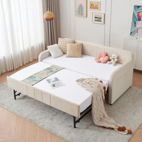 Twin Daybed with Pop Up Trundle for Guest Room Bedroom | Velvet Tufted Upholstered Twin to King Size Daybed Frame | Beige  
Pop Up Trundle Daybed for Guest Room | Velvet Tufted Upholstered Twin to King Size | Beige  
Twin to King Size Daybed with Pop