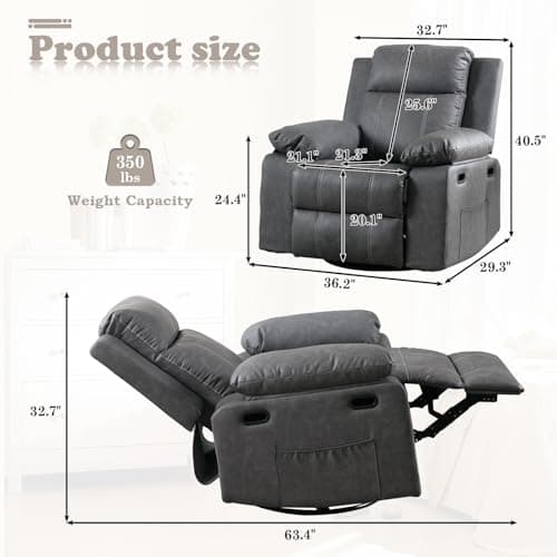 Rocking Recliner with Massage Heat, Faux Leather Nursery Chair - Grey