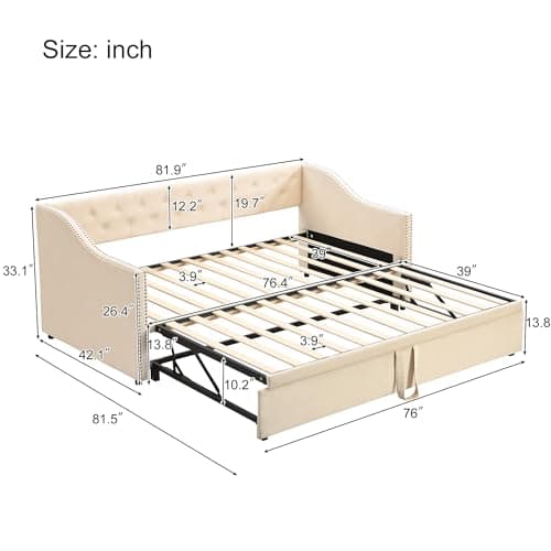 Beige Twin Upholstered Daybed with Pop-up Trundle Bed