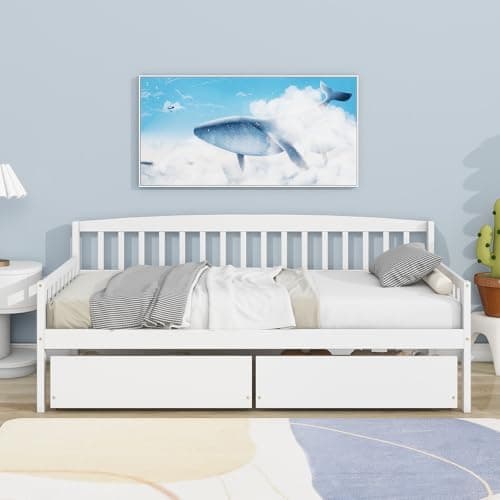 Twin Size Daybed Frame with Storage, White Wood Bed