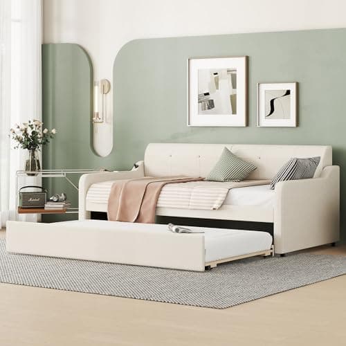 Beige Twin Size Daybed with Pop-up Trundle & Charging Station