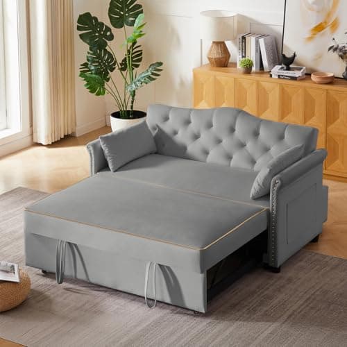 65" 3-in-1 Folding Sofa Bed, Chenille Fabric, 360° Swivel Table, Grey