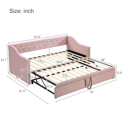 Extendable Velvet Upholstered Daybed with Pop-Up Trundle, Pink Bed Frame (Twin to King)