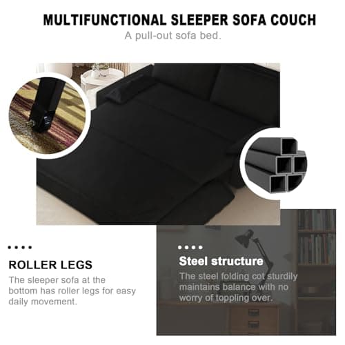 70.1" Queen Velvet Pullout Sofa Bed, 3-in-1 Sleeper Couch (Black)