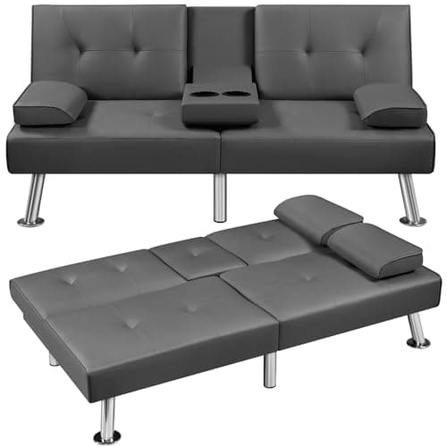 Yaheetech Light Gray Reversible Couch Bed with Removable Arms & Cup Holders