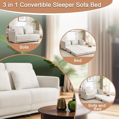 56.3" W x 74.8" D Full Size Pull Out Sofa, White Sleeper with Side Pockets