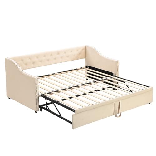 Beige Twin Upholstered Daybed with Pop-up Trundle Bed