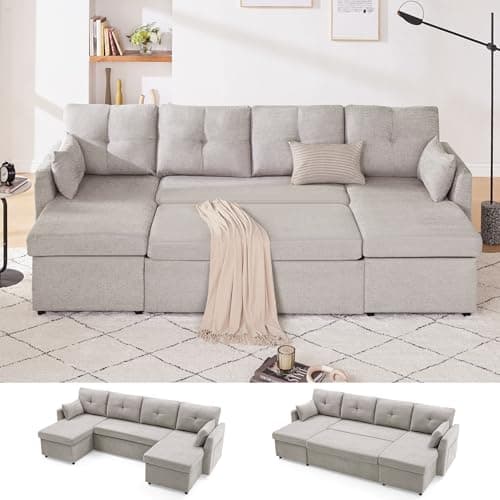 Light Grey 110 Inch 2-in-1 Pullout Couch Bed with Storage Chaise