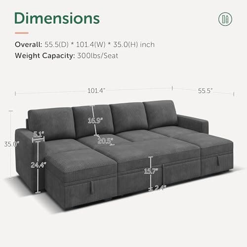 HONBAY Dark Grey Corduroy Modular Sectional Sleeper Sofa Bed