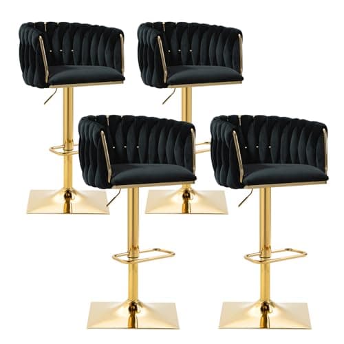 Antetek Modern Swivel Bar Stool Set, Adjustable Height, Woven Back, Silver Base, Blue Teddy