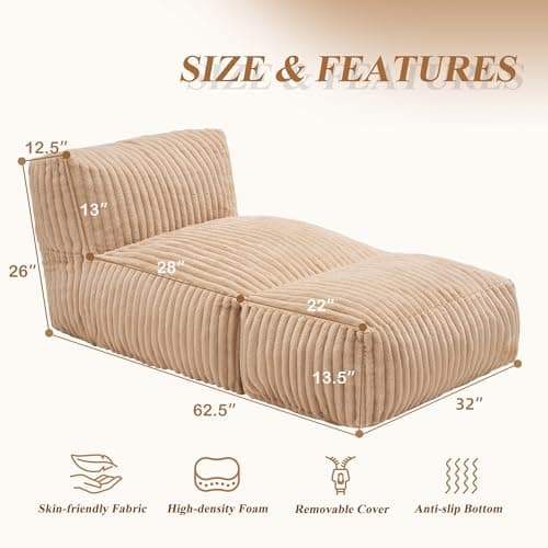Hobestluk Large Bean Bag Lounger Chair with Memory Foam (Khaki)