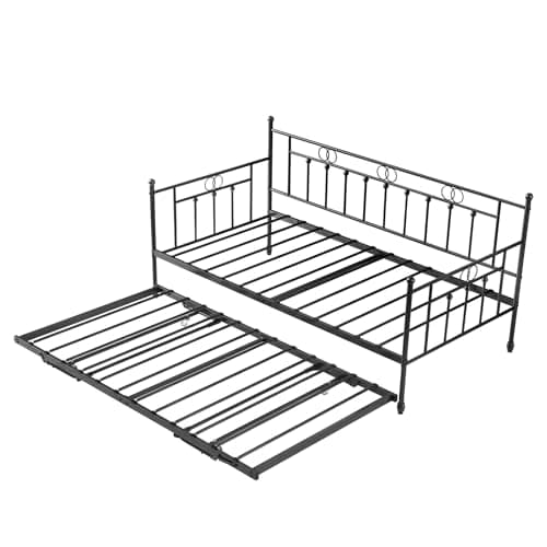 Height Adjustable Twin Daybed with Trundle, Black Pull-Out Sofa Bed for Living & Guest Rooms