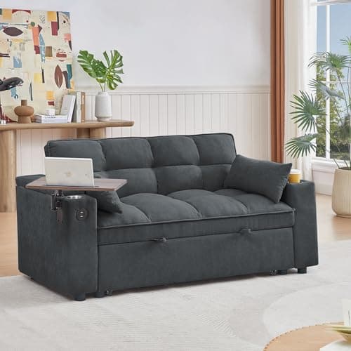 65" 3-in-1 Folding Sofa Bed, Chenille Fabric, 360° Swivel Table, Grey